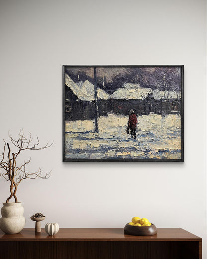 Oil painting Returning Home by Volodymyr Pashchenko, snowy village in black frame