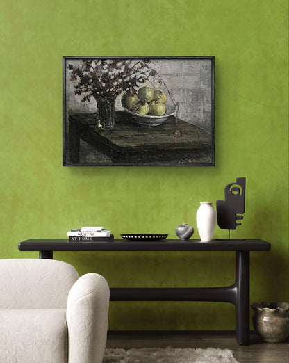 Oil painting by Volodymyr Pashchenko: still life with green apples and dried flowers