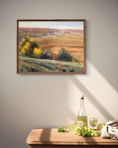 Rustic oil painting by Tatyana Derdey: sunlit autumn fields and trees