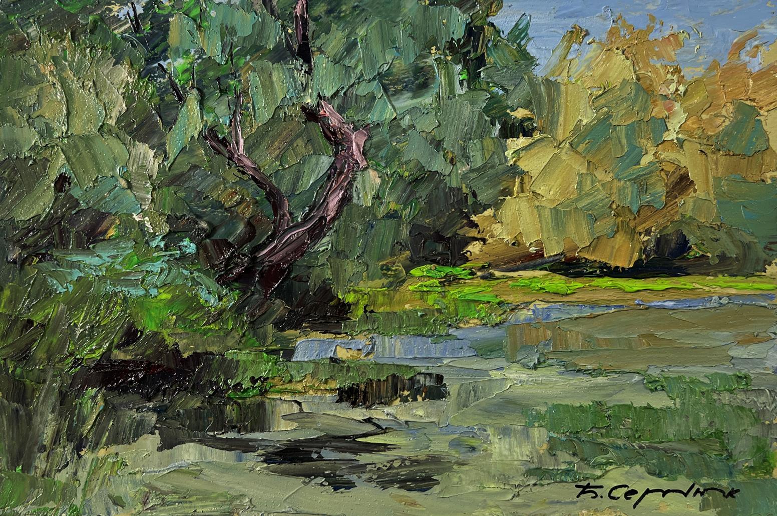 Textured impressionist oil painting of trees above river by Boris Serdyuk