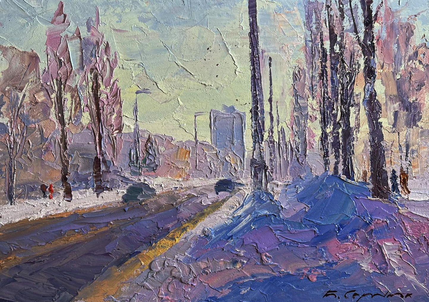 Impressionistic oil painting of snowy street after night snowstorm by Boris Serdyuk