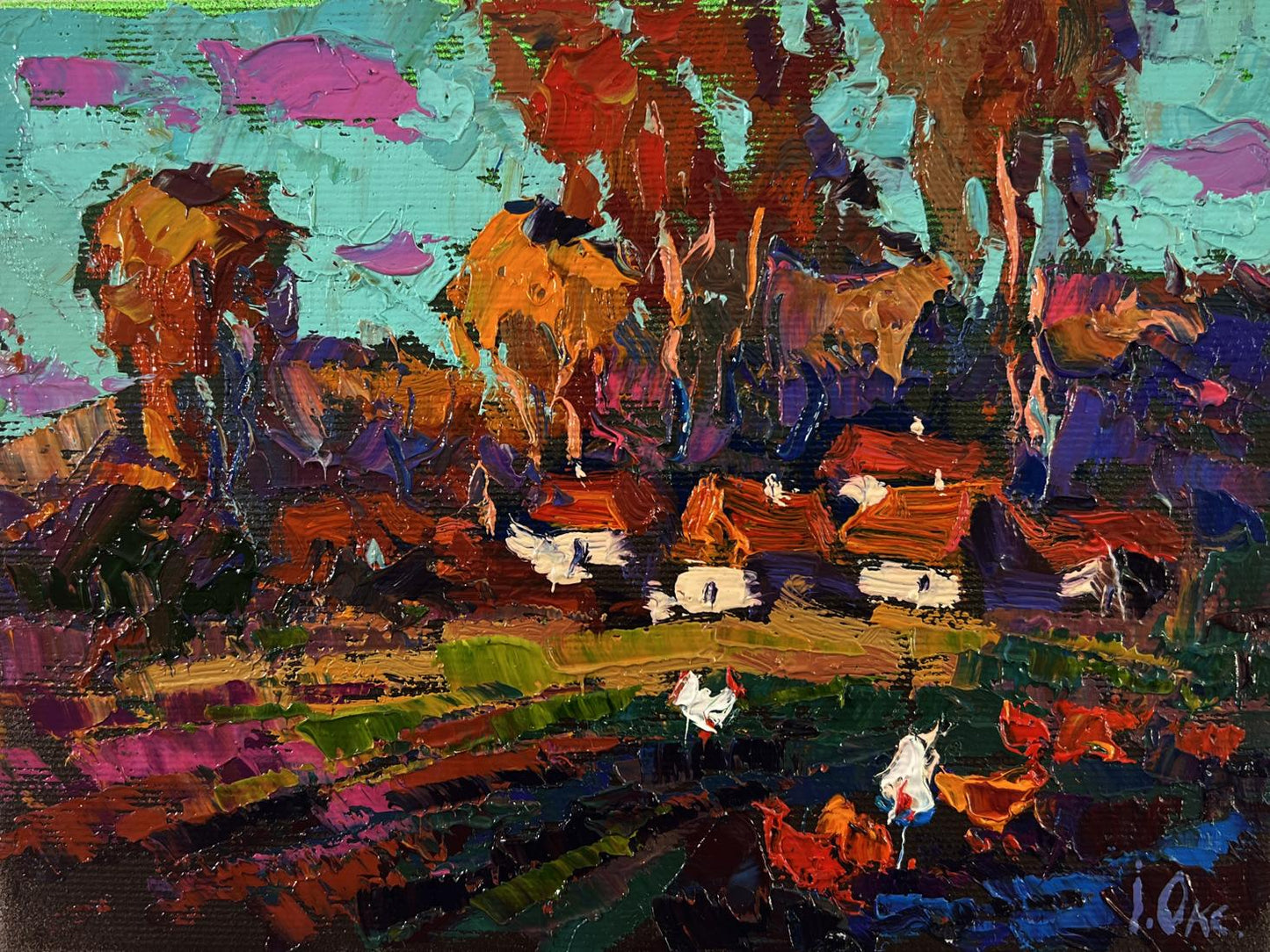 Vibrant impressionist oil painting Evening village by Oksana Ivanyuk