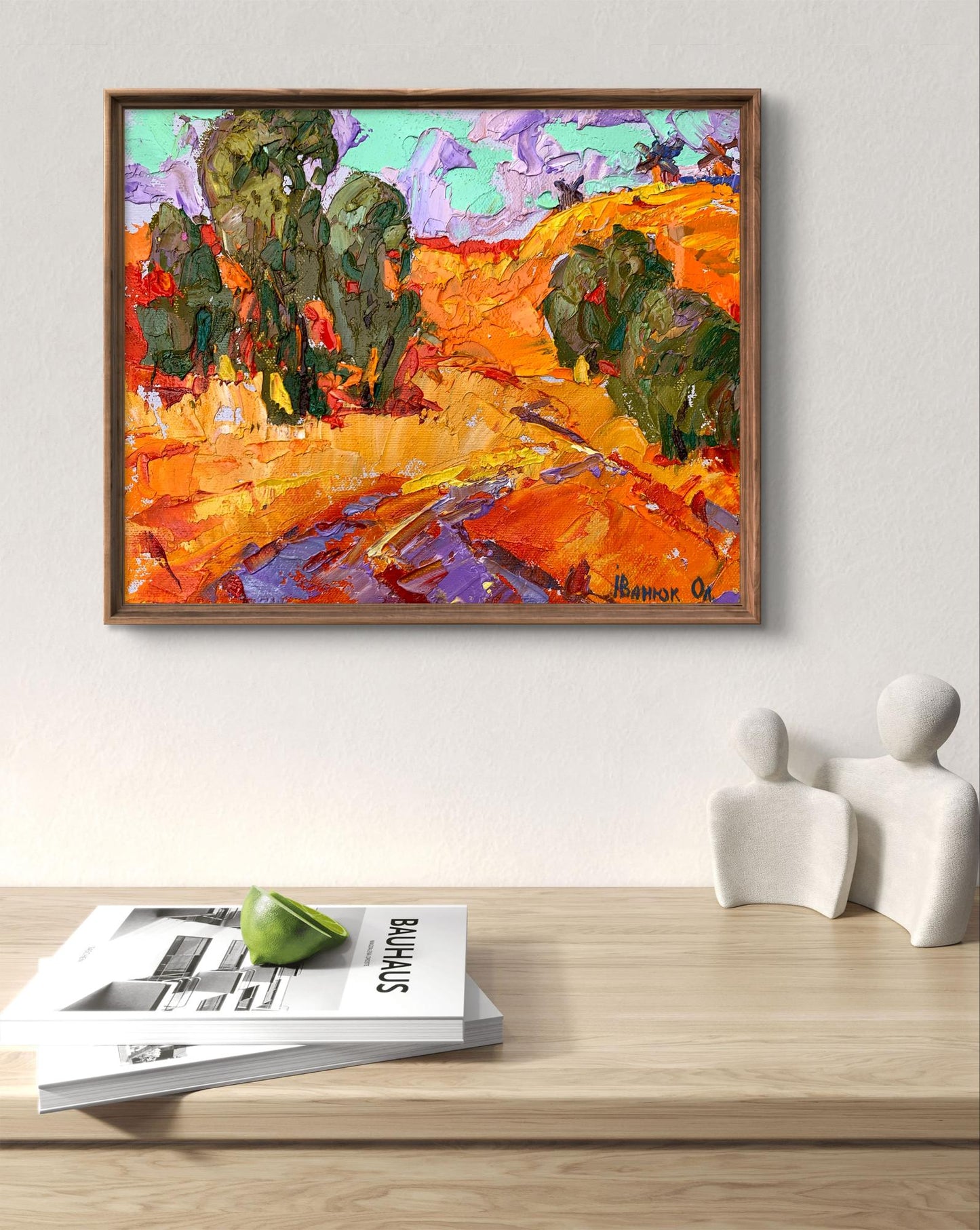 Oil painting Strong wind by Ivanyuk Oleksiy: vibrant orange purple hills, trees