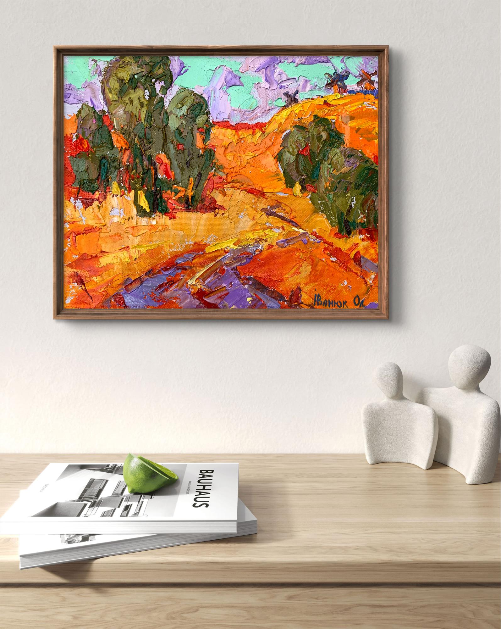 Oil painting Strong wind by Ivanyuk Oleksiy: vibrant orange purple hills, trees