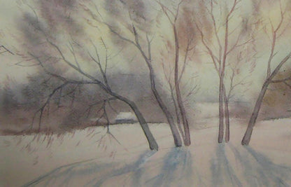 Watercolor painting of winter morning snowy trees by Valery Savenets