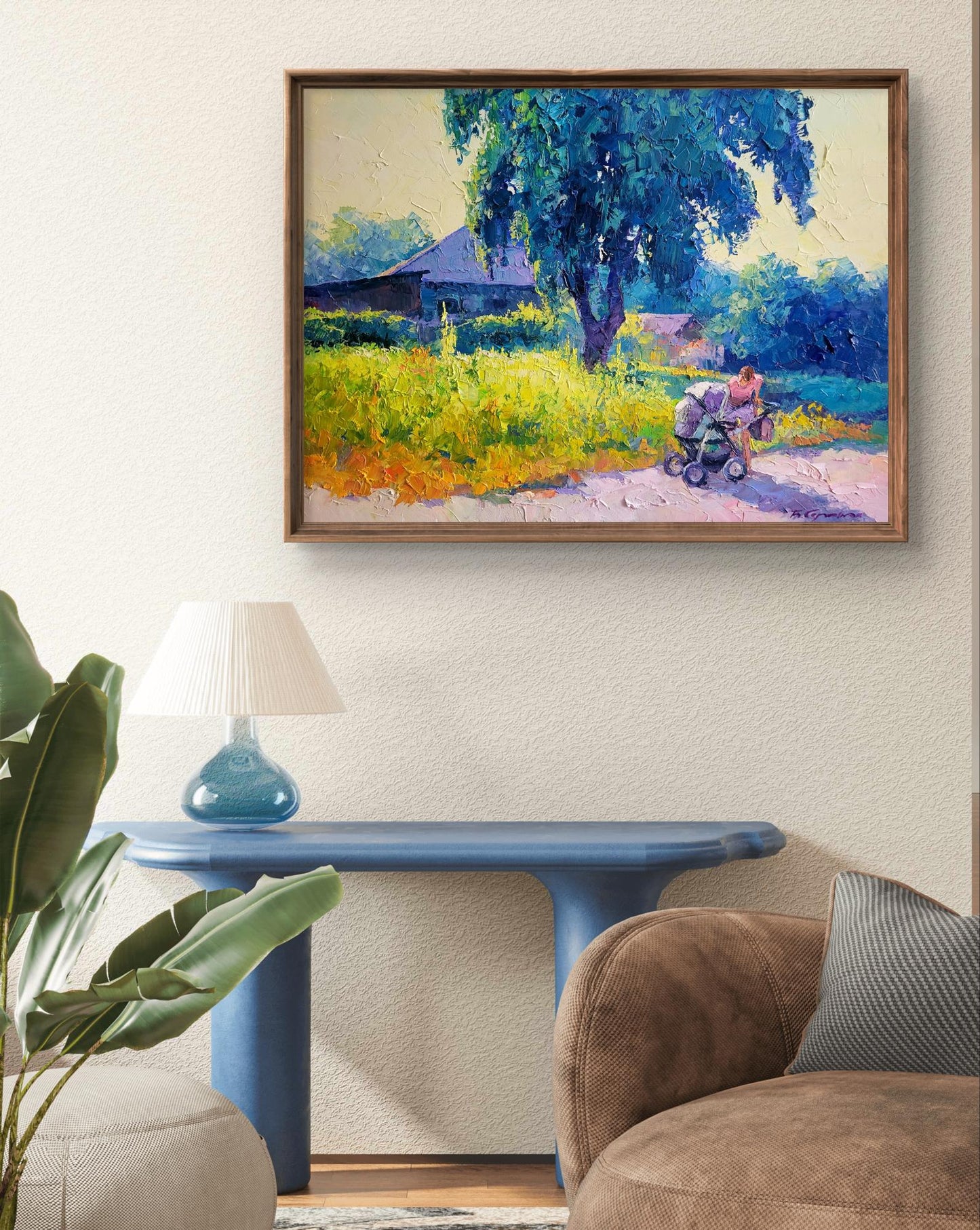 Oil painting Morning by Boris Serdyuk: blue tree, yellow field