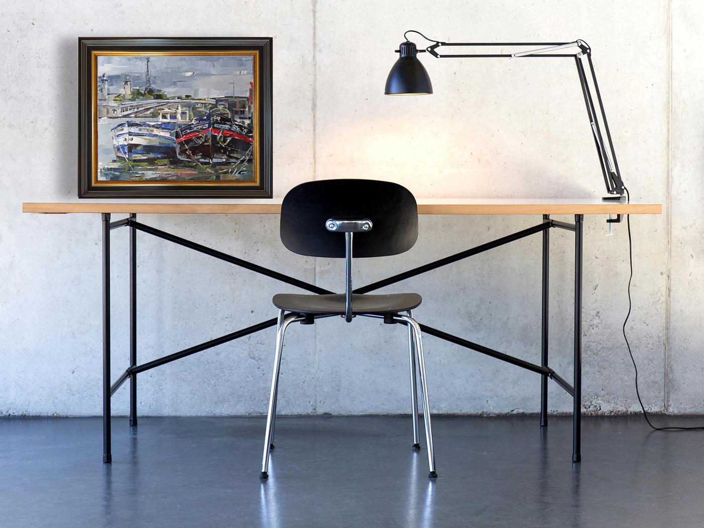 Black metal desk with light wood top and x-shaped legs by Volodymyr Gluhomanyuk