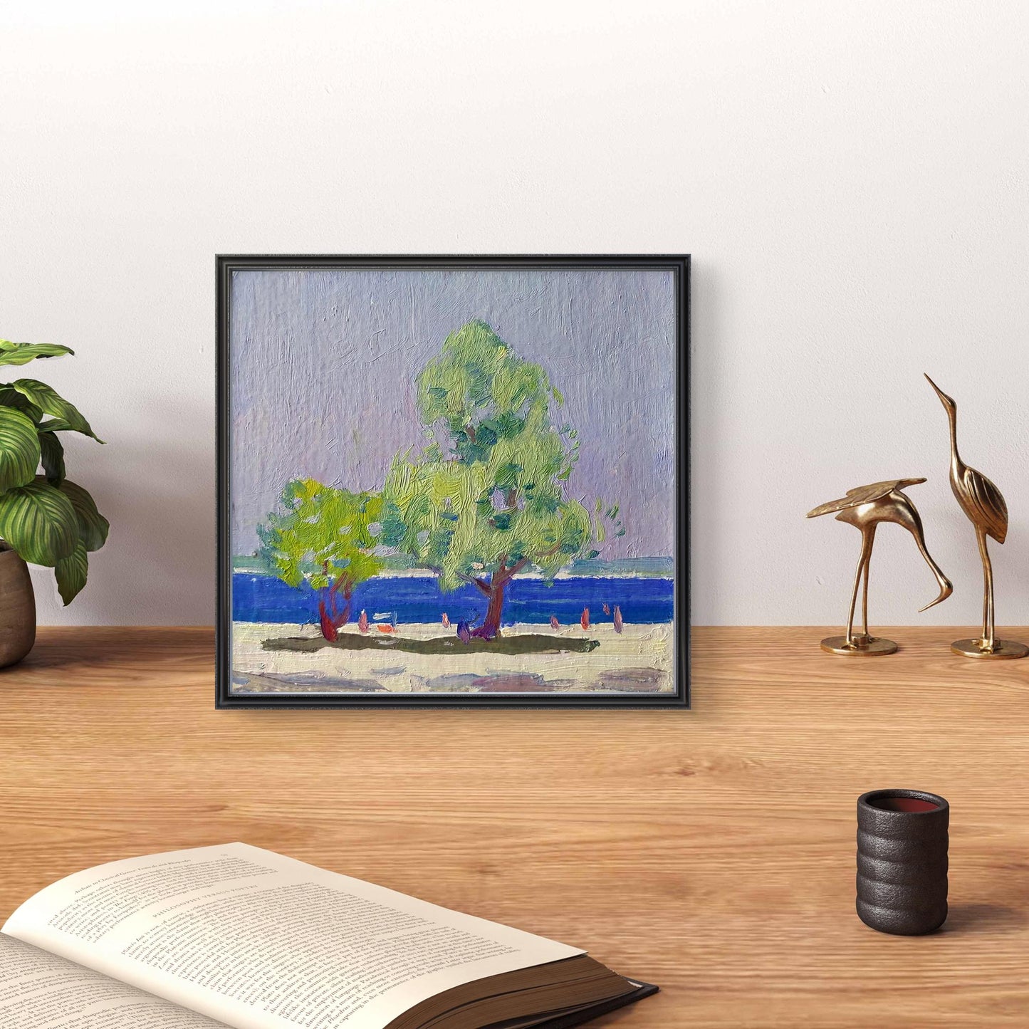Oil painting Sea shore by Yury Konovalov: impressionistic green trees on beach