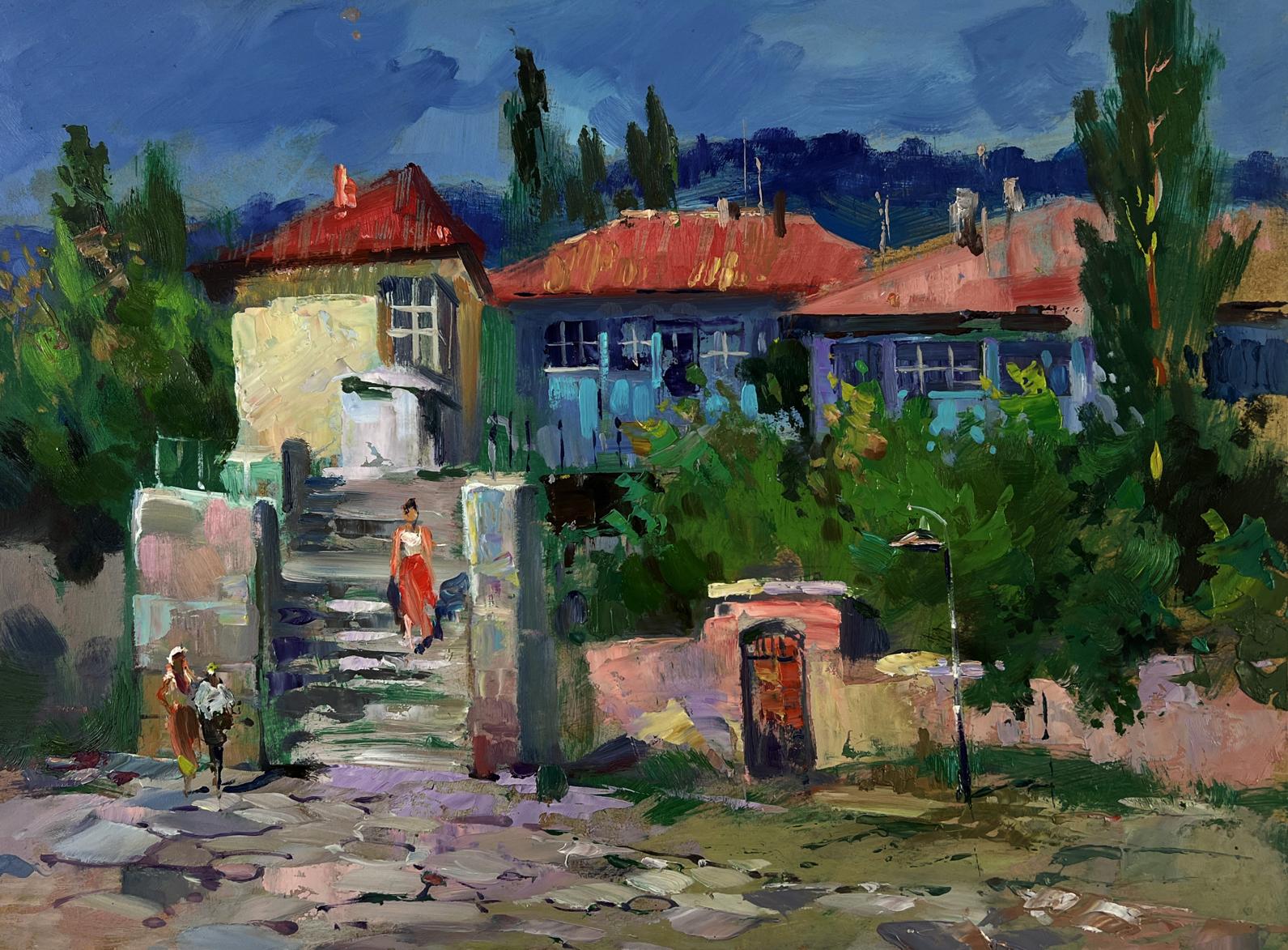 Vibrant impressionist oil painting by Yuriy Suprunchuk of old city street with stairs