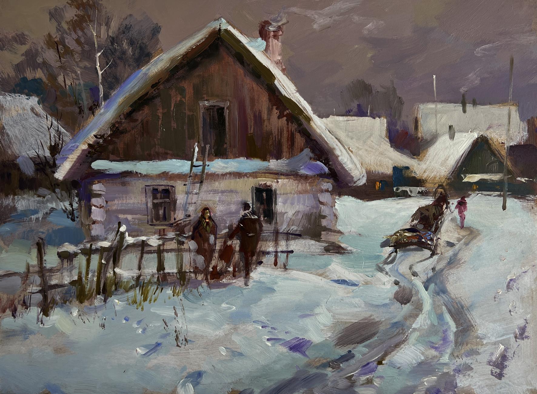 Oil painting of snow-covered thatched house in Yuriy Suprunchuk winter village street