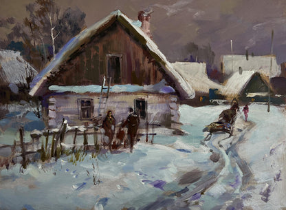 Oil painting of snow-covered thatched house in Yuriy Suprunchuk winter village street