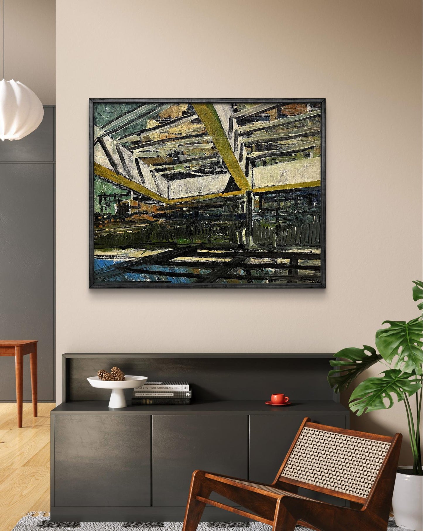 Oil painting Safe places by Serhiy Kovalev: yellow black lines on textured greens blues browns