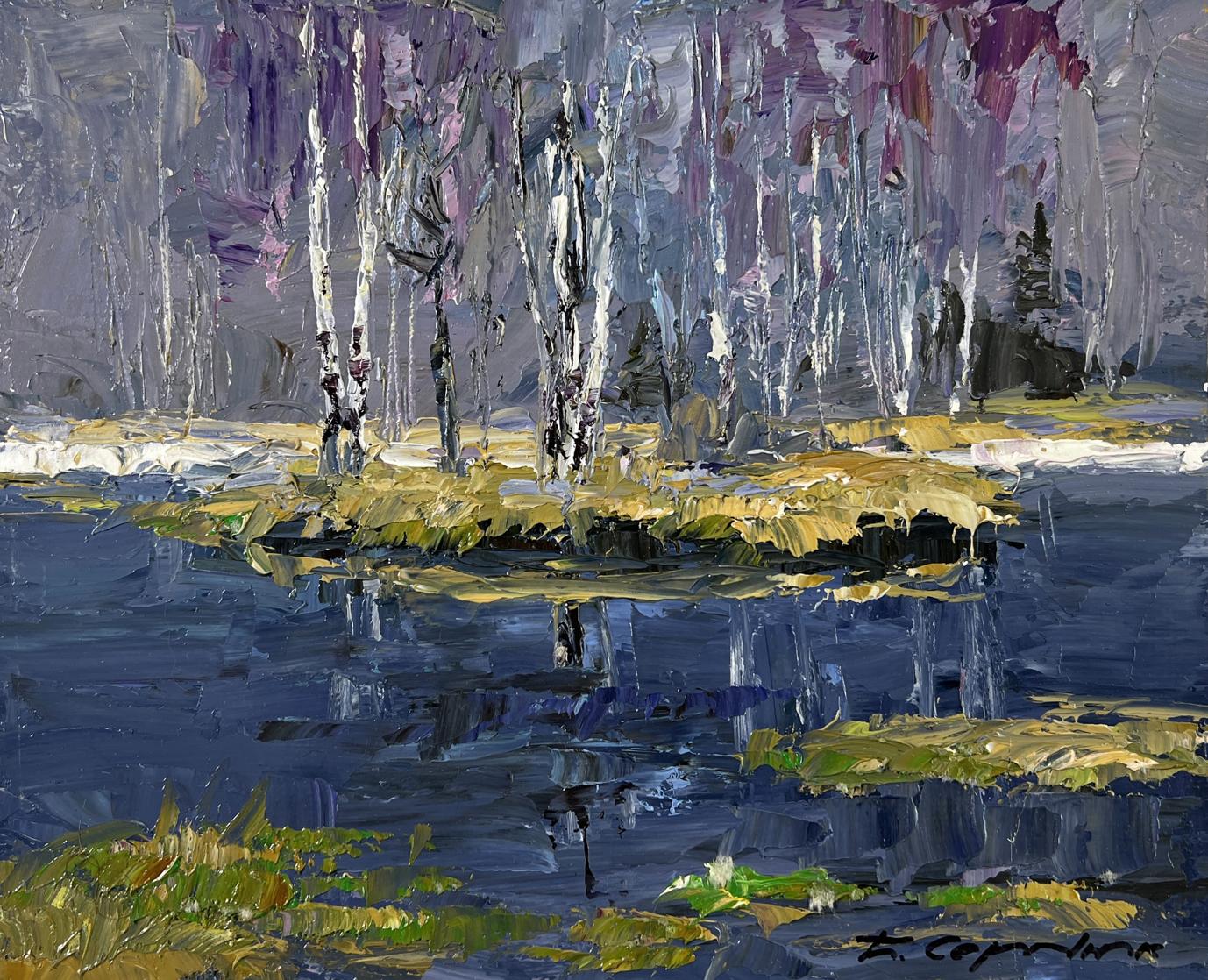 Oil painting Snow melts in March by Boris Serdyuk: birch trees in lake