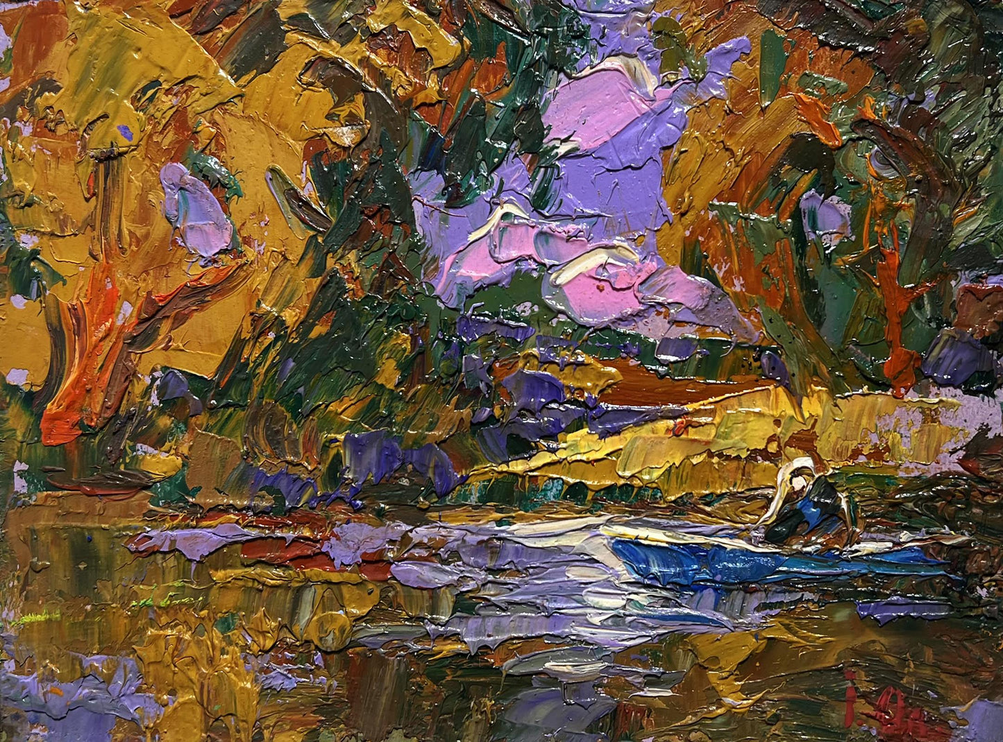 Oil painting Solitude in Nature by Oleksiy Ivanyuk: figure in blue boat on water