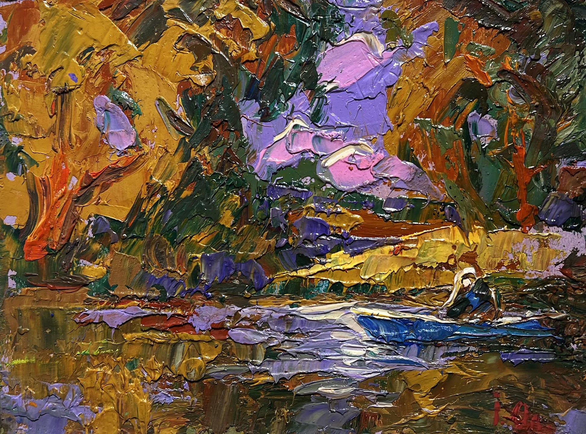 Oil painting Solitude in Nature by Oleksiy Ivanyuk: figure in blue boat on water