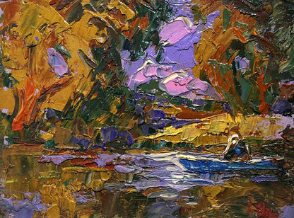 Oil painting Solitude in Nature by Oleksiy Ivanyuk: figure in blue boat on water