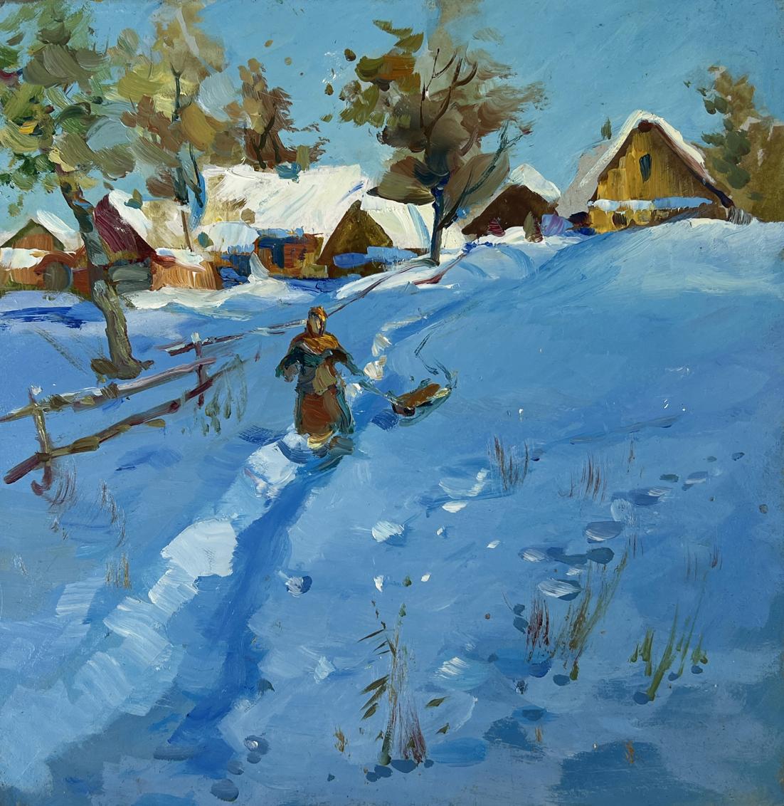 Oil painting Winter’s Evening Tale by Yuriy Suprunchuk: rustic sled in blue snow