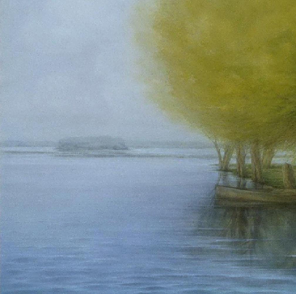 Soft-focus impressionistic oil painting of Quiet River Bank by Vasily Korkishko