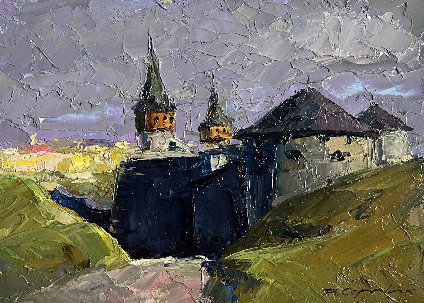 Oil painting overlooking fortress by Boris Serdyuk dark stone castle hills