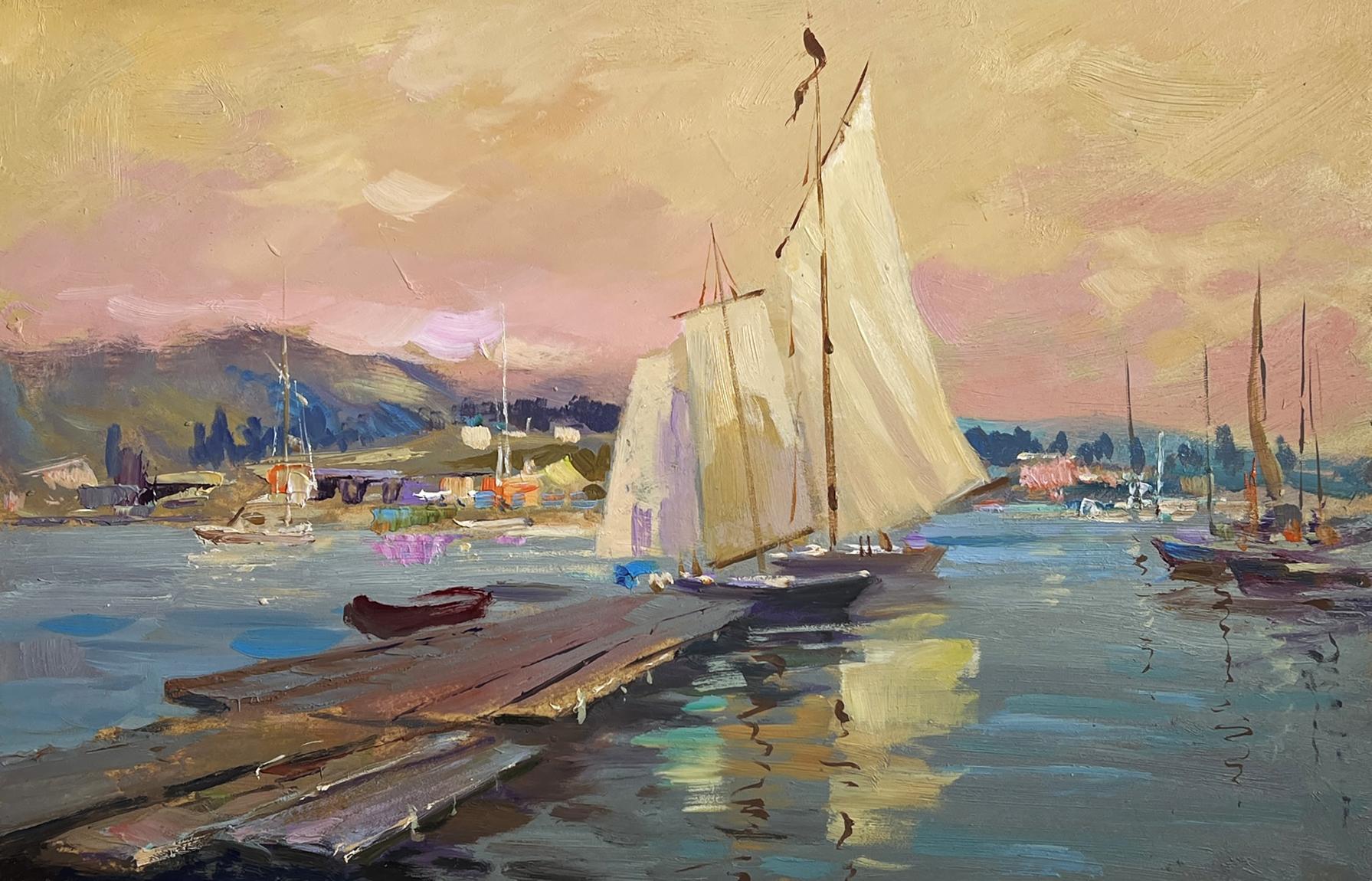 Serene impressionist oil painting of Scarlet sunset on the ferry by Yuriy Suprunchuk