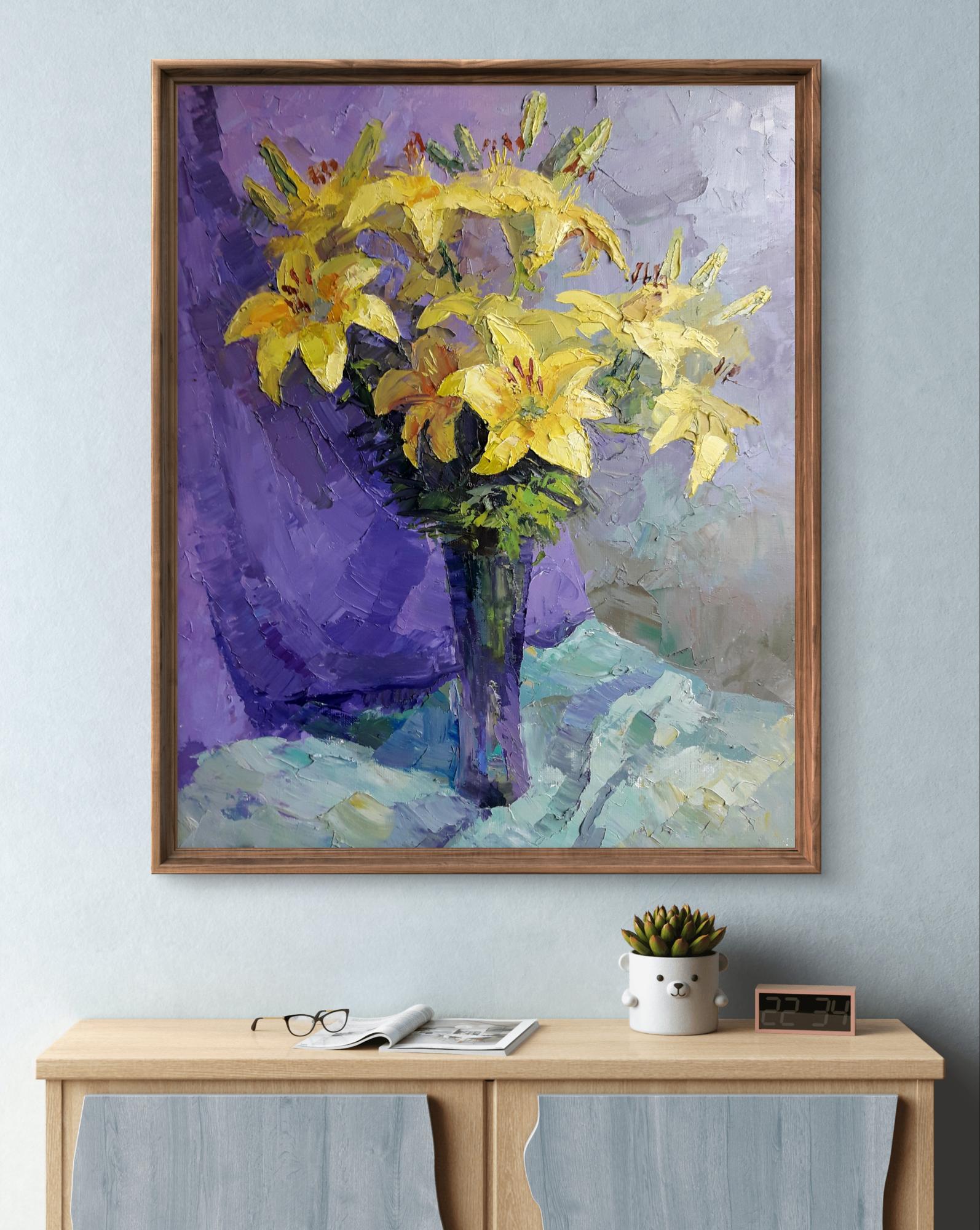 Oil painting Yellow lilies by Boris Serdyuk in wooden frame