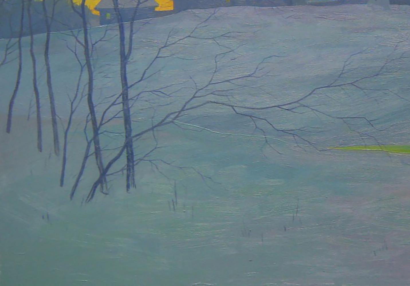 Oil painting Winter evening by Valery Savenets: bare trees on teal-gray field
