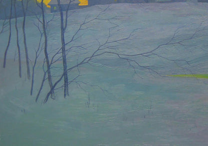 Oil painting Winter evening by Valery Savenets: bare trees on teal-gray field