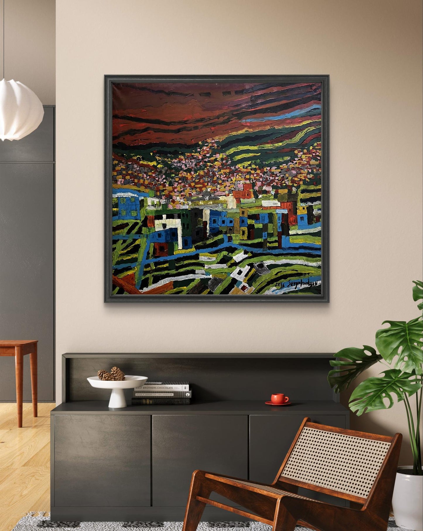 Oil painting Favelas by Serhiy Kovalev vibrant abstract landscape in modern frame
