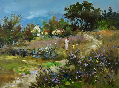 Oil painting by Yuriy Suprunchuk: woman and child walk sunlit wildflower path