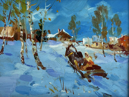 Vibrant oil painting of winter village by Yuriy Suprunchuk with horse sled