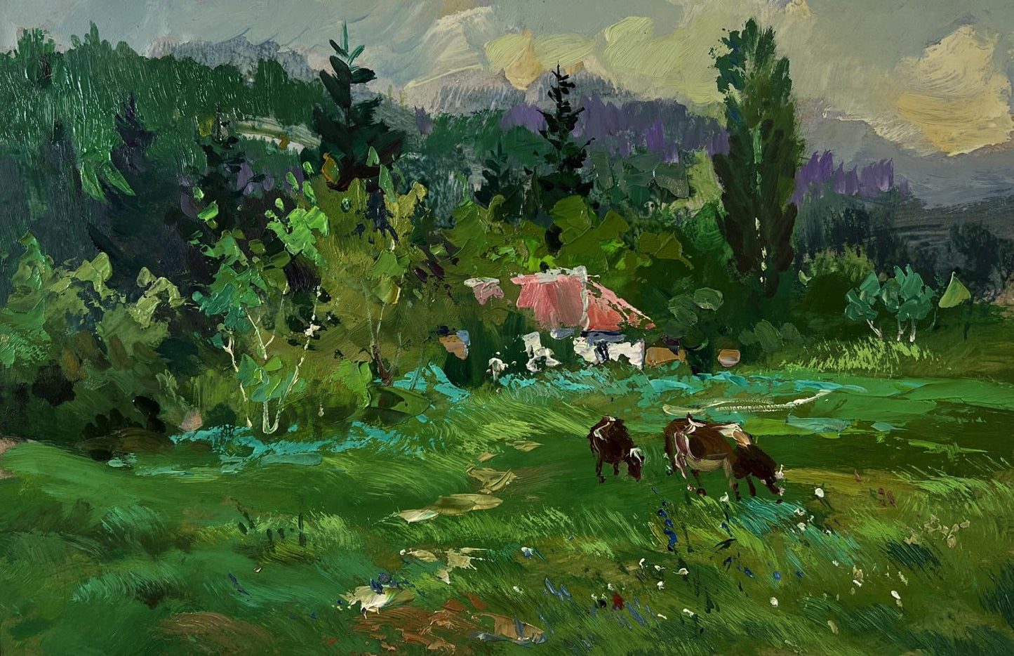 Oil painting of rustic red-roofed forest house by Yuriy Suprunchuk