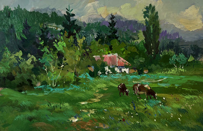 Oil painting of rustic red-roofed forest house by Yuriy Suprunchuk