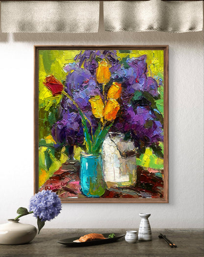 Vibrant impressionist oil painting of lilac petals and tulips in vase by Oksana Ivanyuk