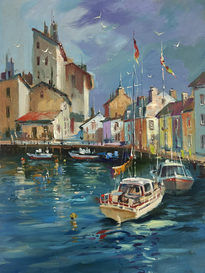 Oil painting of white red sailboat in Venice harbor by Yuriy Suprunchuk