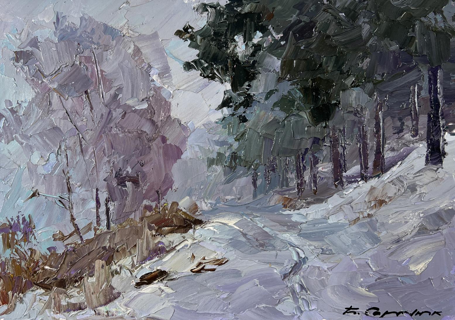 Oil painting Without a Trace by Boris Serdyuk: snowy forest path