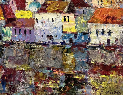 Vibrant impressionist oil painting of coastal village by Serhiy Rybak
