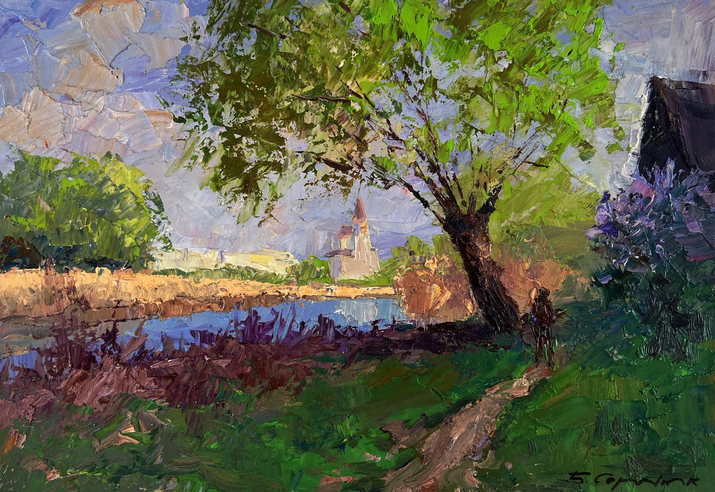 Oil painting The earth awakens in the sunlight by Boris Serdyuk: vibrant green tree by river path