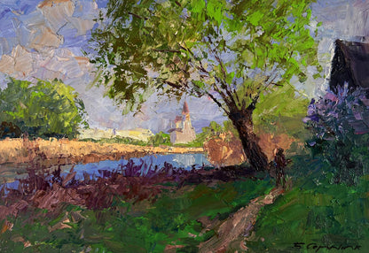 Oil painting The earth awakens in the sunlight by Boris Serdyuk: vibrant green tree by river path