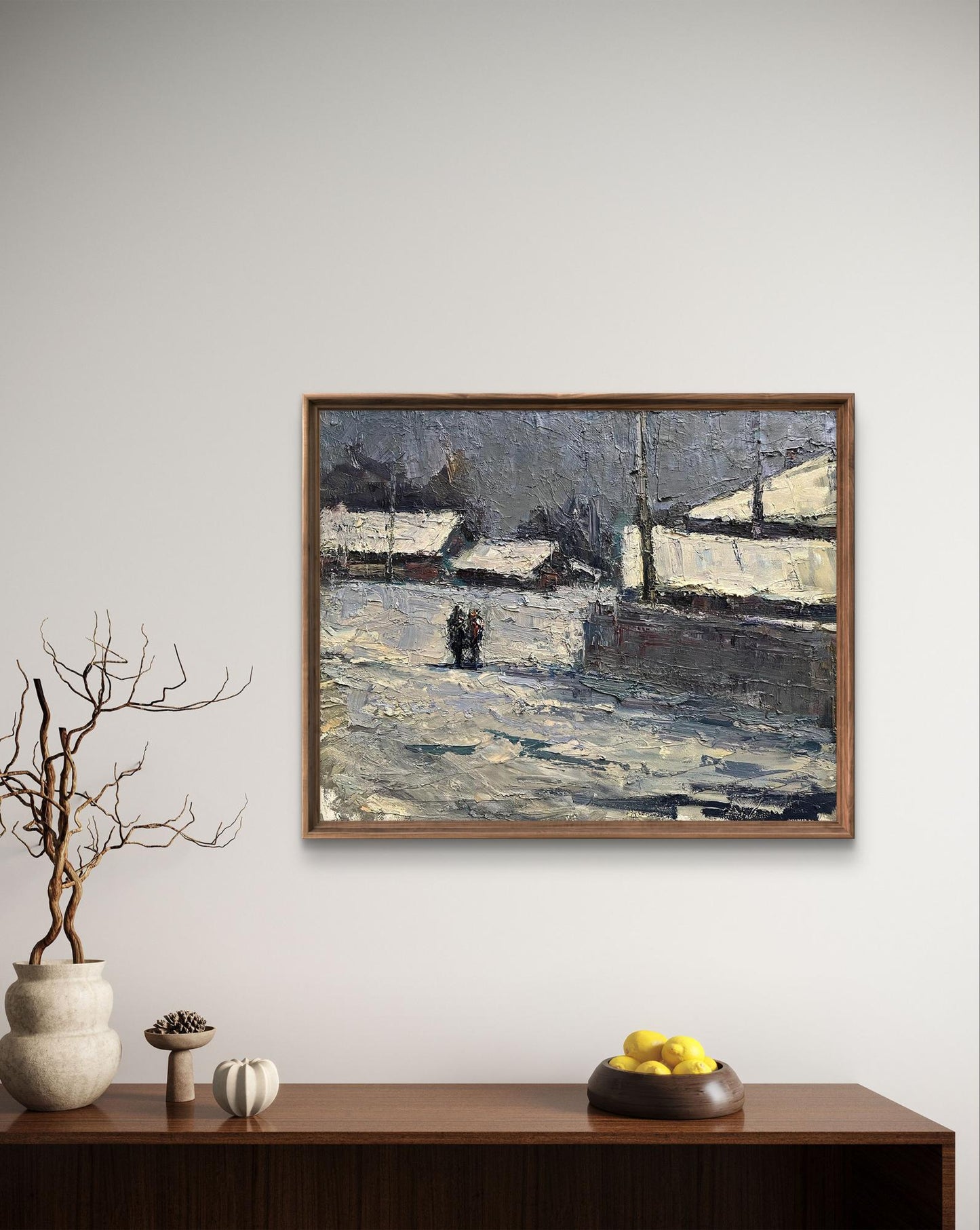 Framed Oil Painting March Frosts by Volodymyr Pashchenko snowy village scene