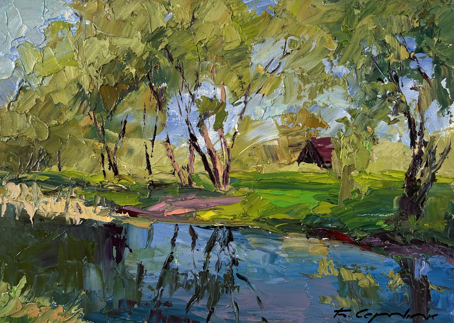Oil painting Willows over the Water by Boris Serdyuk, vibrant impressionist trees and pond