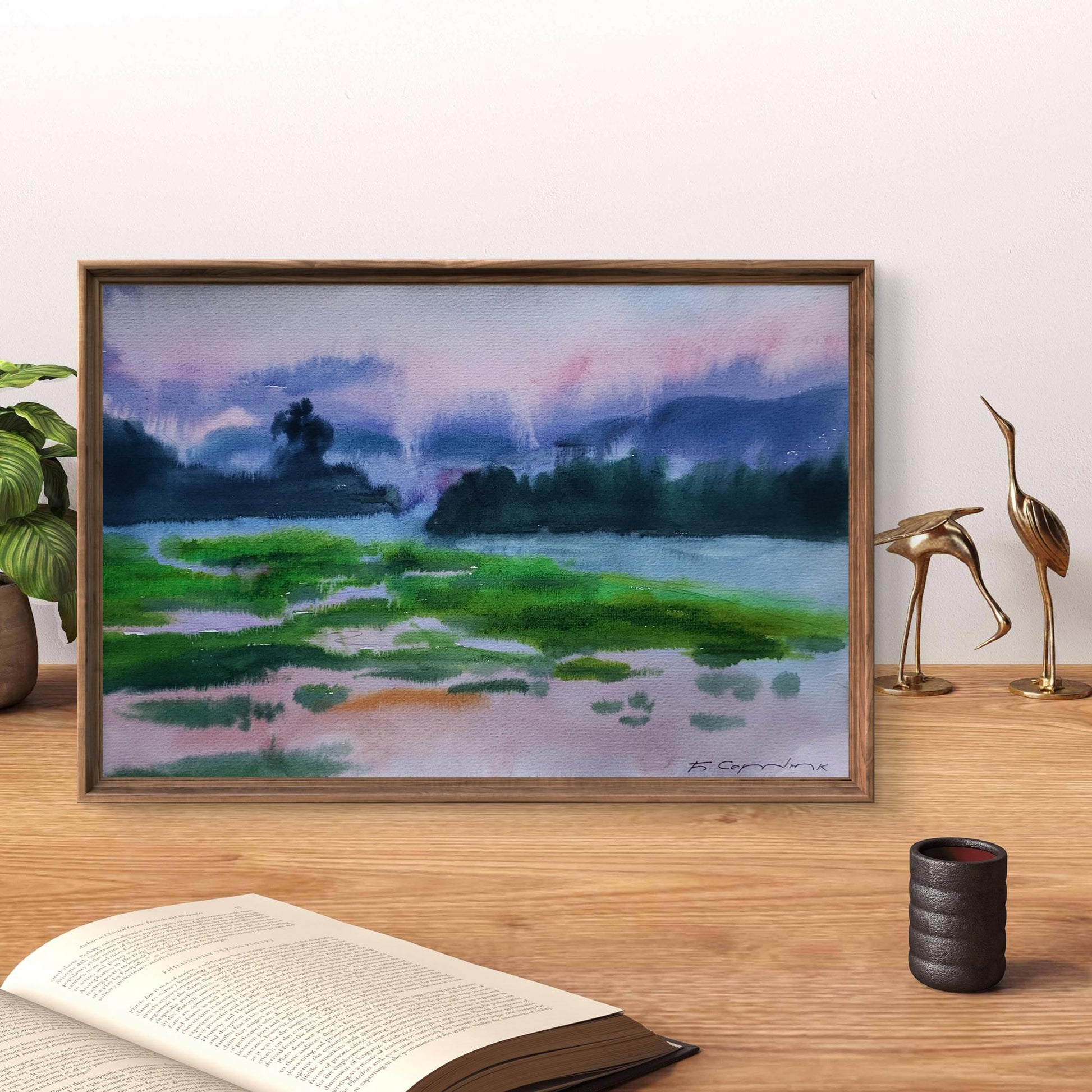 Framed watercolor Morning fog by Boris Serdyuk misty landscape