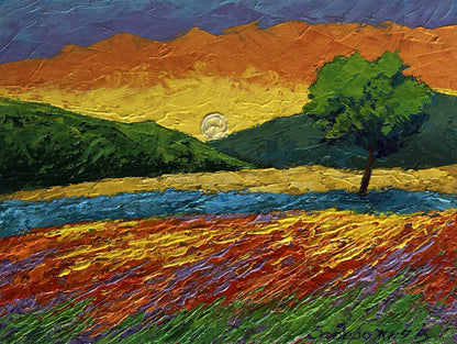 Vibrant impressionist oil painting by V. Zadorozhnya: lone green tree in evening breeze sunset