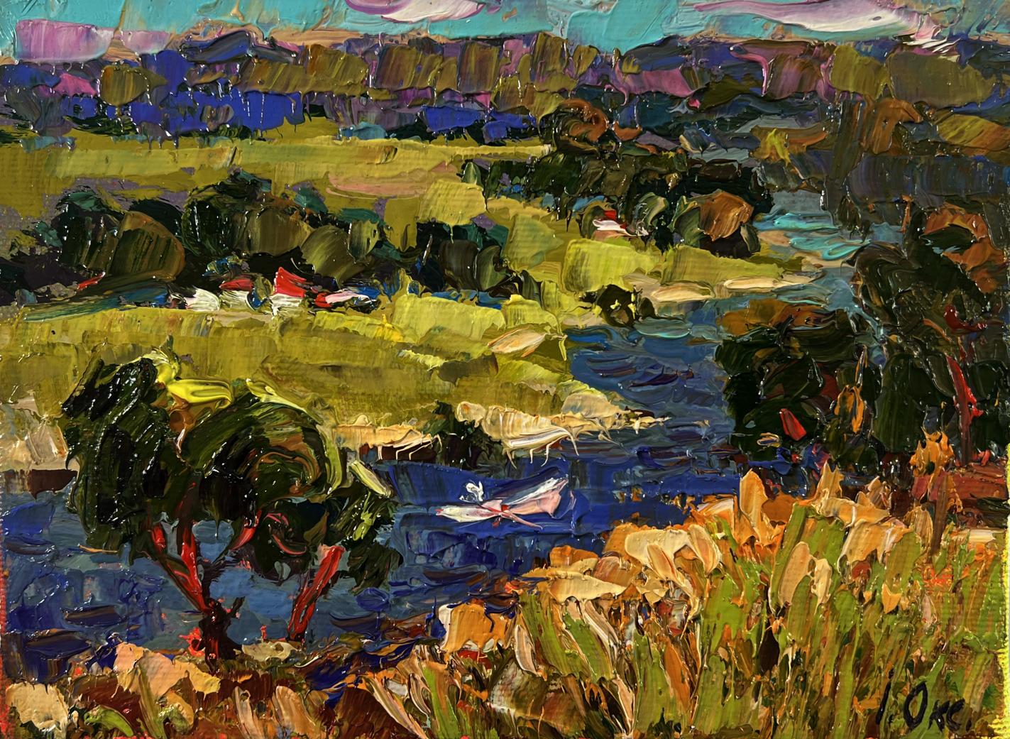 Vibrant impressionist oil painting by Oksana Ivanyuk: Winding village river