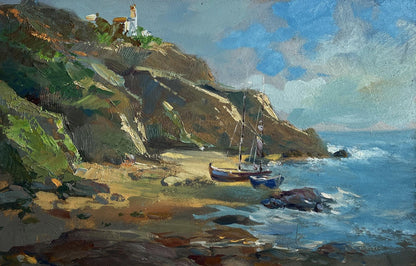 Oil painting Sunny day at sea by Yuriy Suprunchuk: coastal cliffs, boats, waves