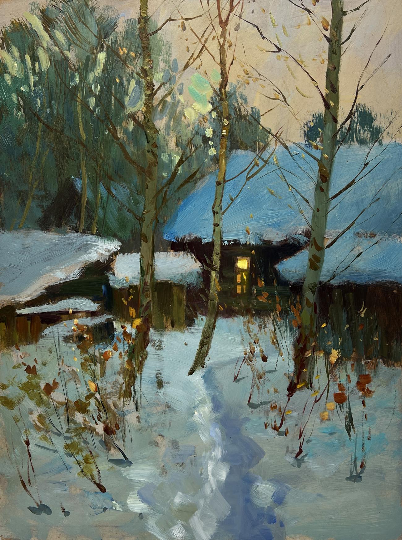 Oil painting by Yuriy Suprunchuk: snowy winter sunset landscape with warm window light
