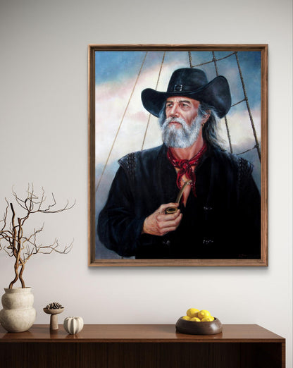 Oil painting Sea Wolf Valeriy Bulat of bearded man with pipe and ship rigging