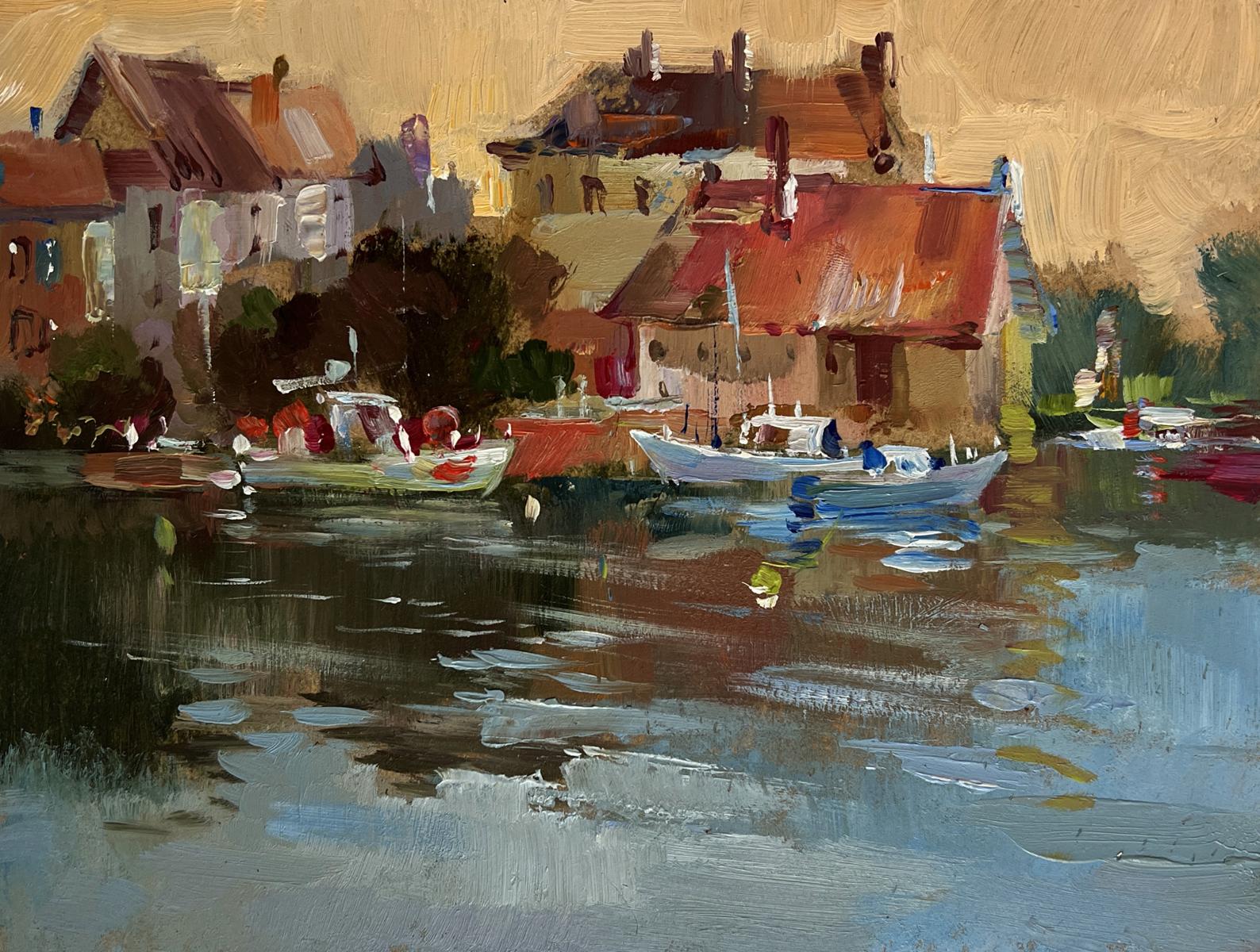 Oil painting Sunset glow over the rooftops by Yuriy Suprunchuk