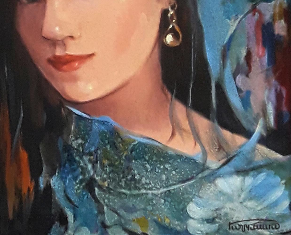 Gold teardrop earring with delicate chain in Vasily Korkishko portrait
