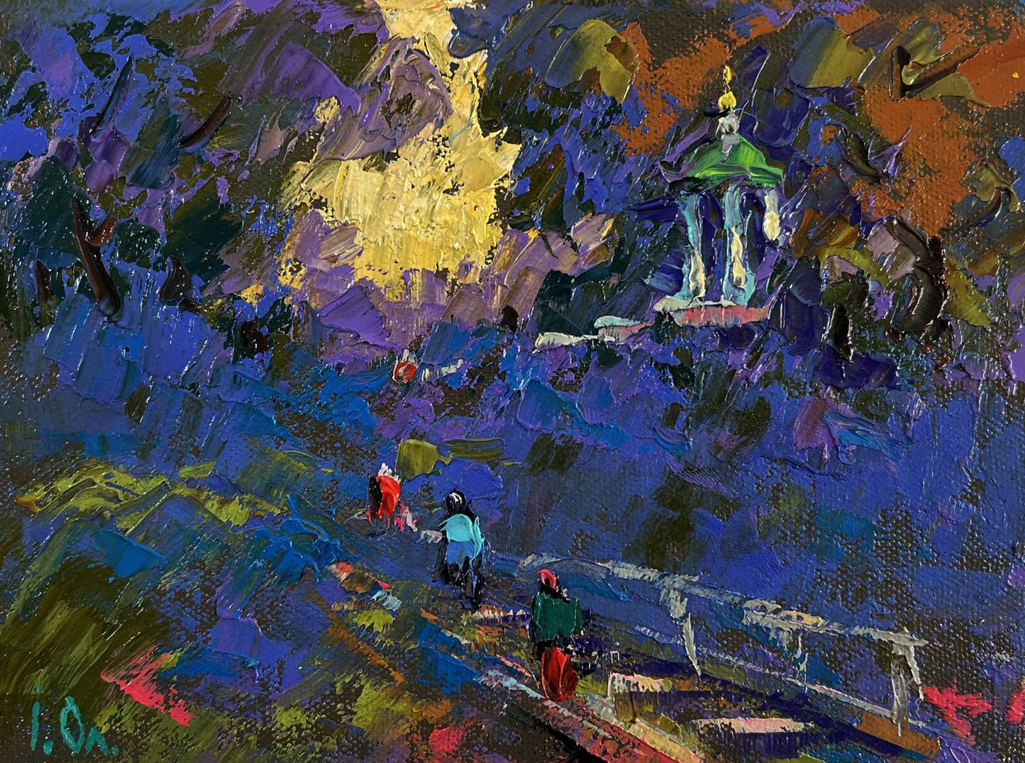 Vibrant impressionistic oil painting by Oleksiy Ivanyuk of green-domed hill in swirling blues
