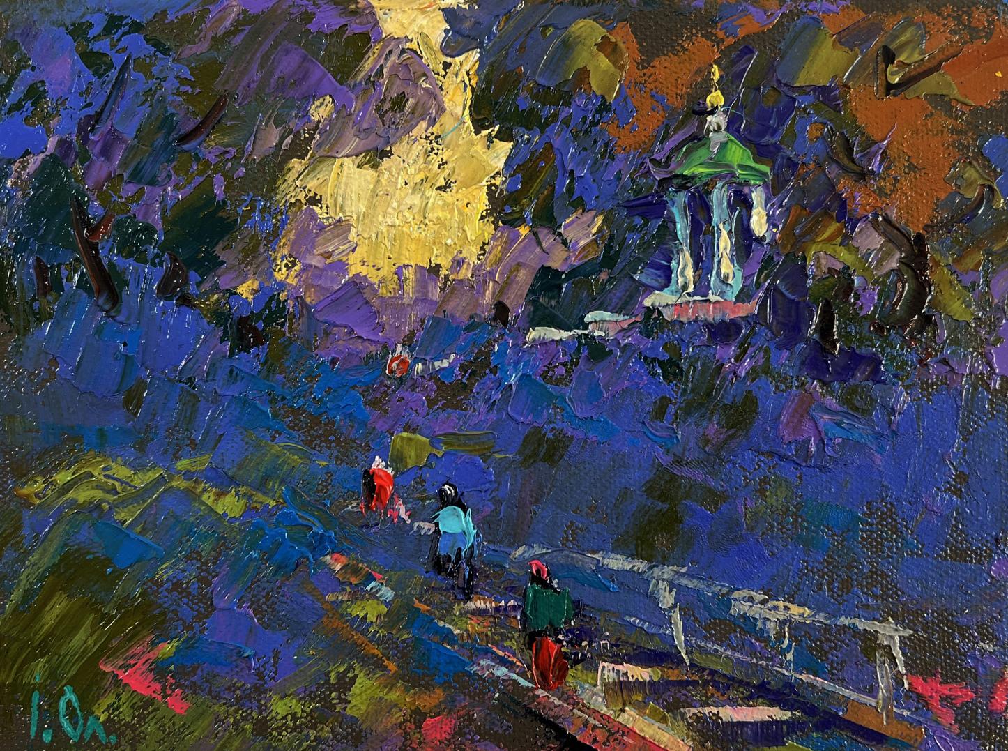 Vibrant impressionistic oil painting by Oleksiy Ivanyuk of green-domed hill in swirling blues